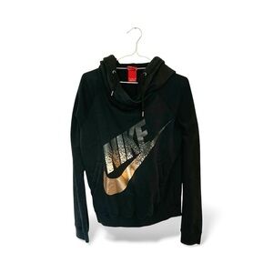 Women's Nike Rally Funnel Neck Hoodie Sweater Black/Metallic Gold Logo - Size M